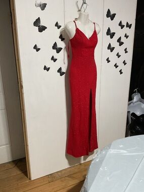 City Triangles Red Sparkle V-Neck Prom Dress 1045